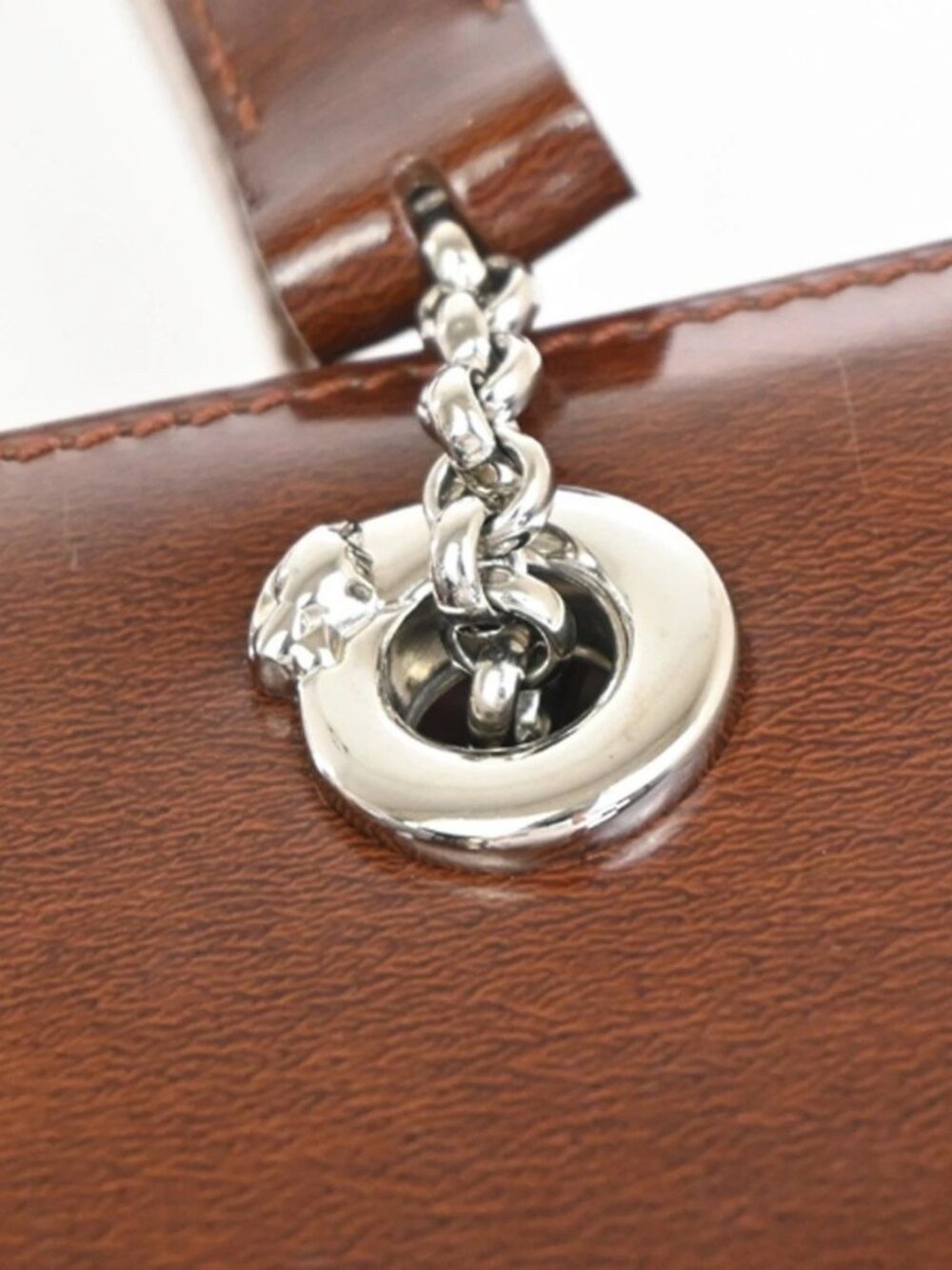 CARTIER Logo Panther Chain Shoulder Bag Patent Leather Brown SHW Frace 84RL974 - Picture 7 of 15